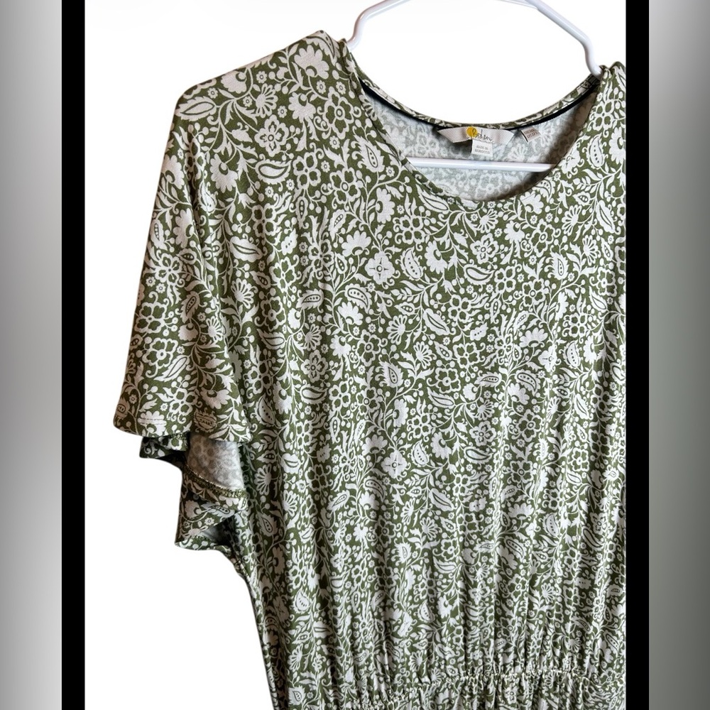 Boden Flutter Sleeve Floral Jersey Dress In Green Ivory W Pockets Size 12L - Picture 3 of 7